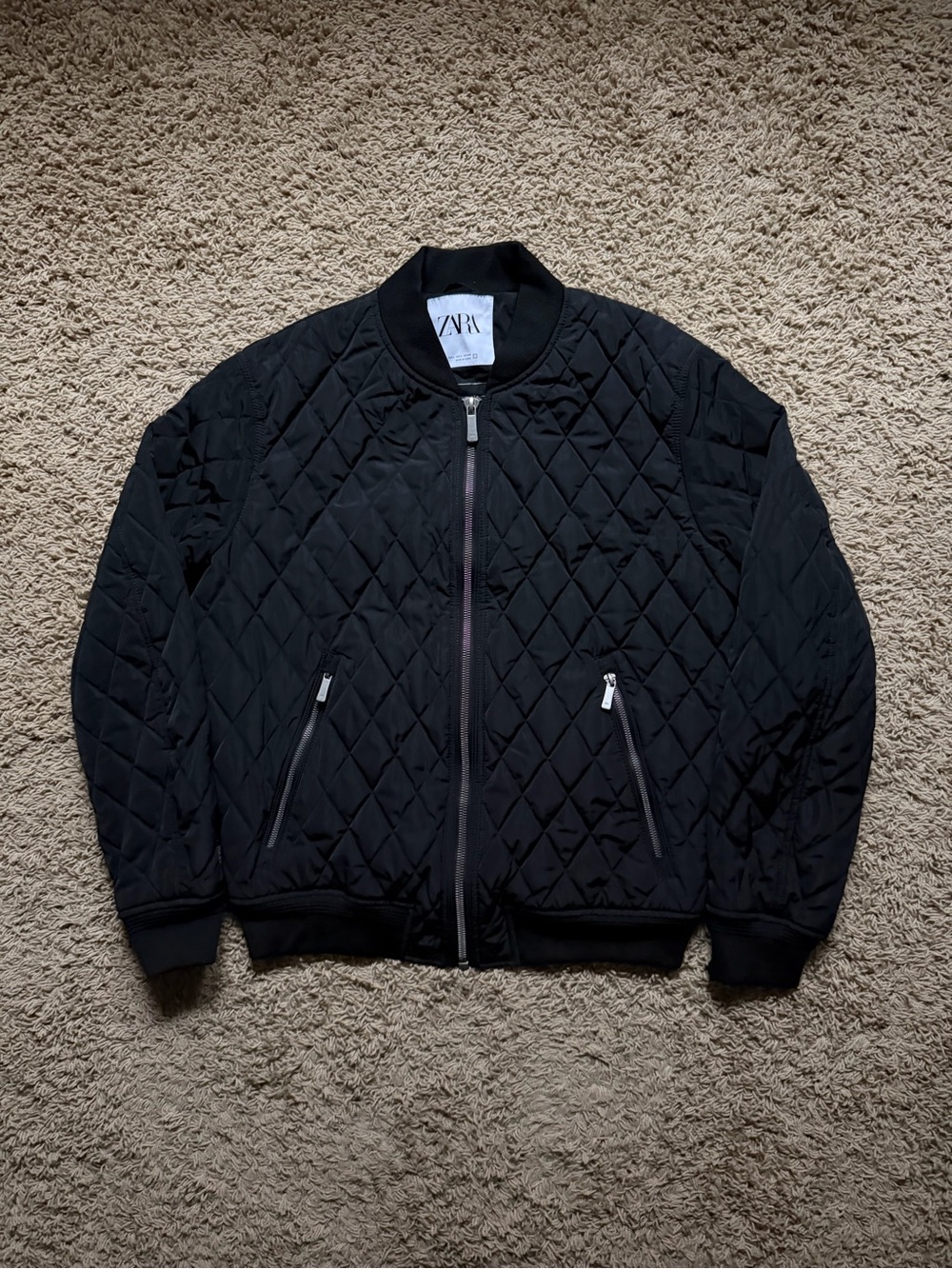 Zara Mens Quilted Bomber Jacket Black Full Zip Insulted Coat Large